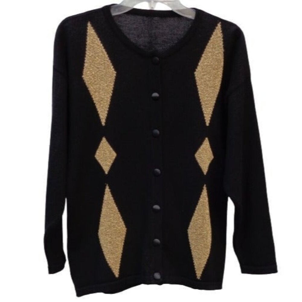 Vtg Black Gold Diamond Argyle Button Cardigan Sweater Merino Wool Italy Sz 44 M
